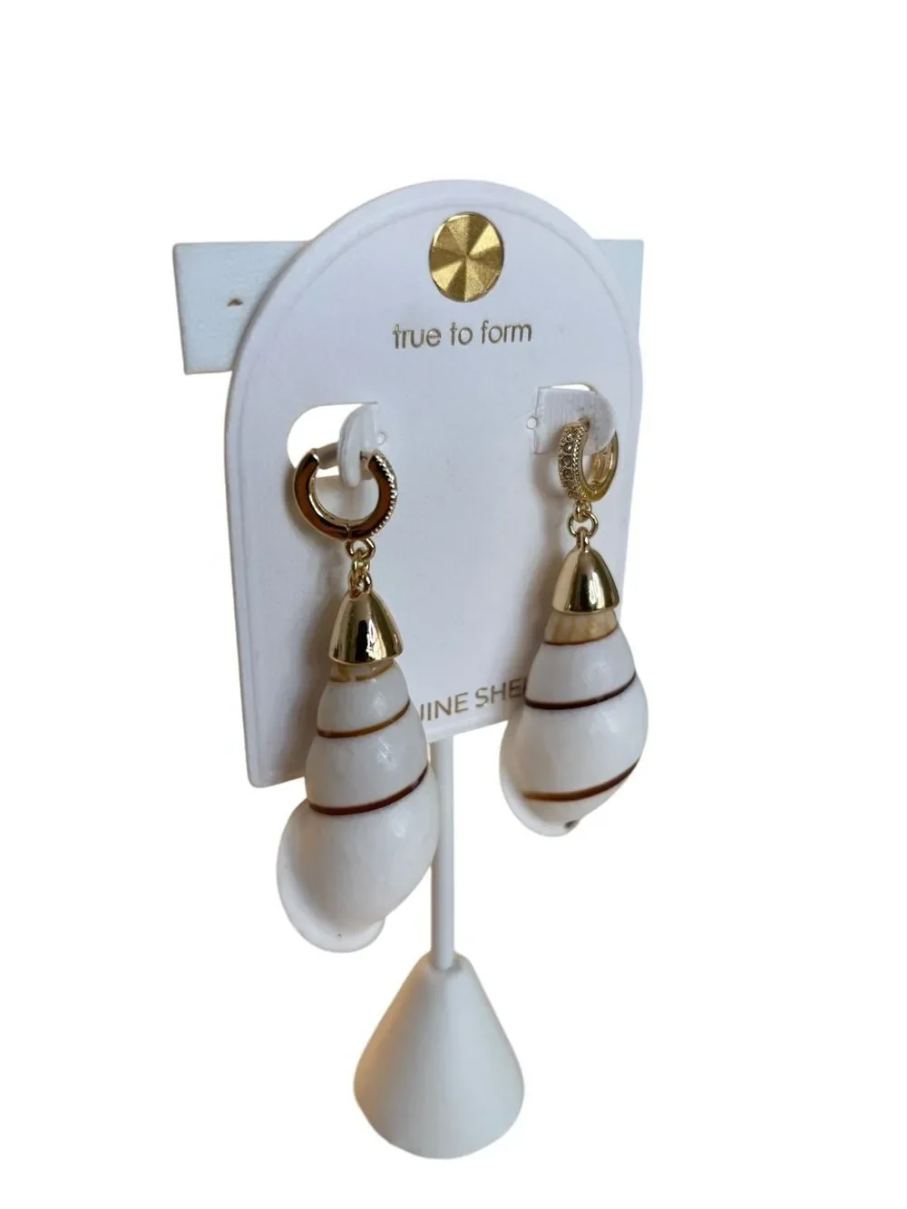 True to Form Small Pave Huggie Hoop Conch Shell Drop Earrings.